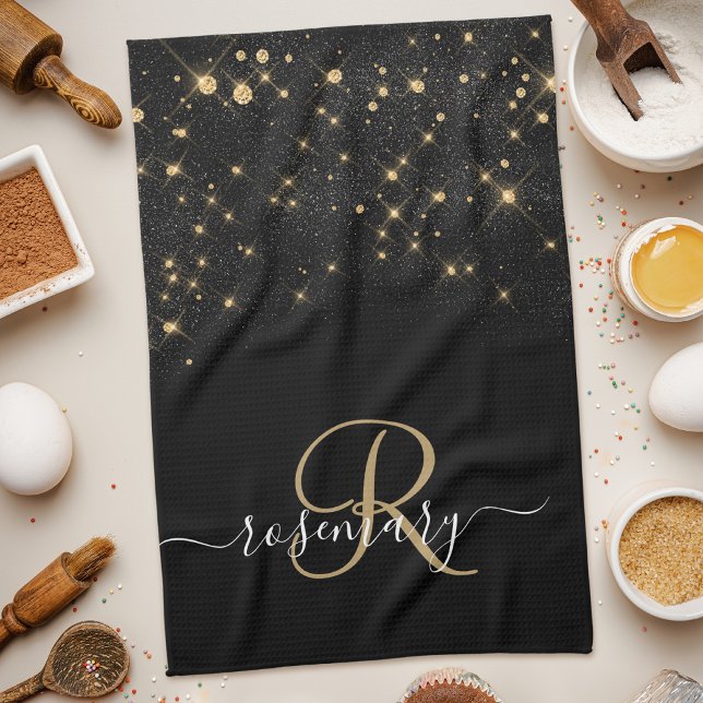 Glam Guld Glitter Diamond Gnistra Elegant Monogram Kökshandduk (Skapare uppladdad)