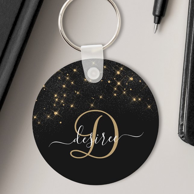 Glam Guld Glitter Diamond Gnistra Elegant Monogram Nyckelring (Skapare uppladdad)