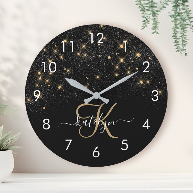 Glam Guld Glitter Diamond Gnistra Elegant Monogram Rund Klocka (Skapare uppladdad)