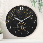 Glam Guld Glitter Diamond Gnistra Elegant Monogram Stor Klocka<br><div class="desc">Skapa din egen personlig svart och guld diamant gnistra med anpassningsbarnas monogram och namn.</div>
