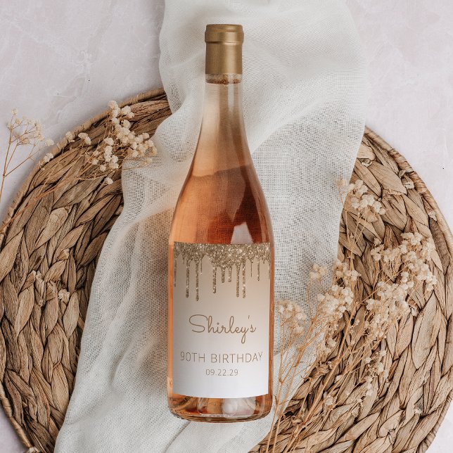 Glam Guld Glitter Drip 90:e Födelsedagsfest Vinflaska Etikett (Skapare uppladdad)