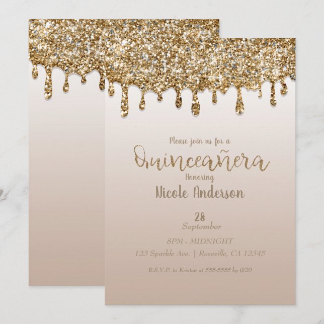 Glam Guld Glitter Drip Quinceañera 15 Födelsedag Inbjudningar (Fram/baksida)
