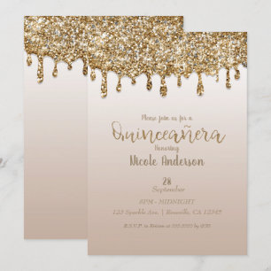 Glam Guld Glitter Drip Quinceañera 15 Födelsedag Inbjudningar