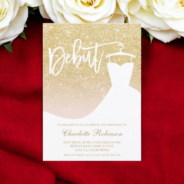 Glam guld glitter elegant chic-klänning 18:e debut inbjudningar (Glam gold glitter elegant chic dress 18th Debut Invitation)