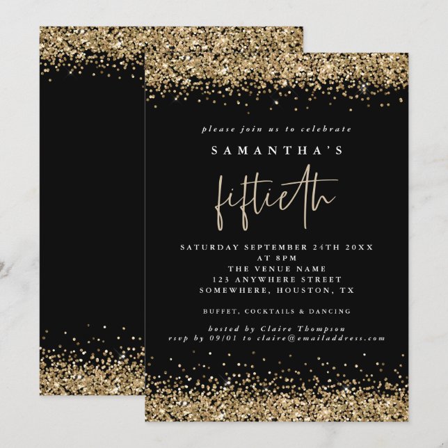 Glam Guld Glitter Fiftieth Party Black Inbjudningar (Fram/baksida)
