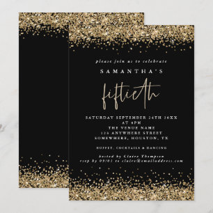 Glam Guld Glitter Fiftieth Party Black Inbjudningar