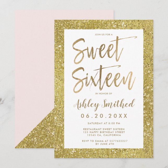 Glam guld glitter foil  rosa sweet sixteen inbjudningar (Fram/baksida)