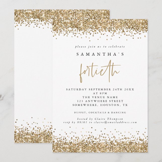 Glam Guld Glitter Fortieth Party Inbjudningar (Fram/baksida)