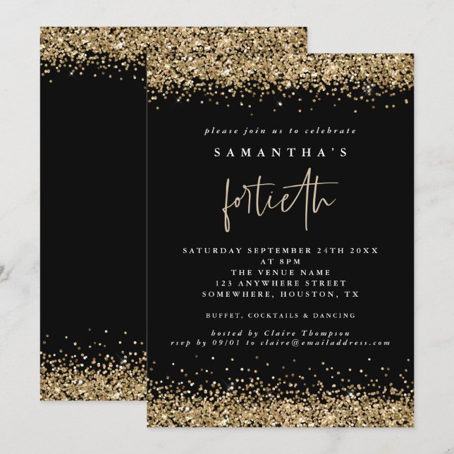 Glam Guld Glitter Fyrtioårsfest Svart Inbjudningar (Fram/baksida)