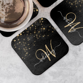 Glam Guld Glitter Gnistra Elegant Monogram Black Underlägg Papper Kvadrat