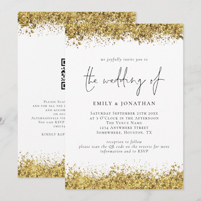 Glam Guld Glitter Gräns QR-kod Bröllop Inbjudningar (Fram/baksida)