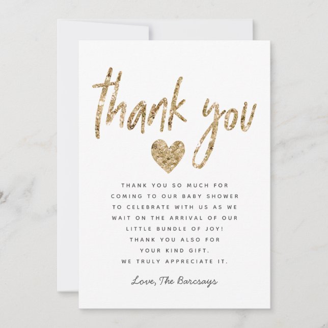 Glam Guld Glitter Heart Baby Shower Tack Kort (Framsida)