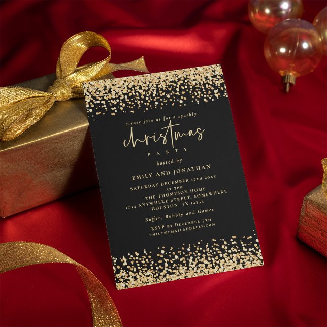 Glam Guld Glitter jul, Party Black Inbjudningar (Available digitally and printed)