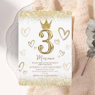 Glam Guld Glitter Krona 3:e födelsedag Party Inbjudningar