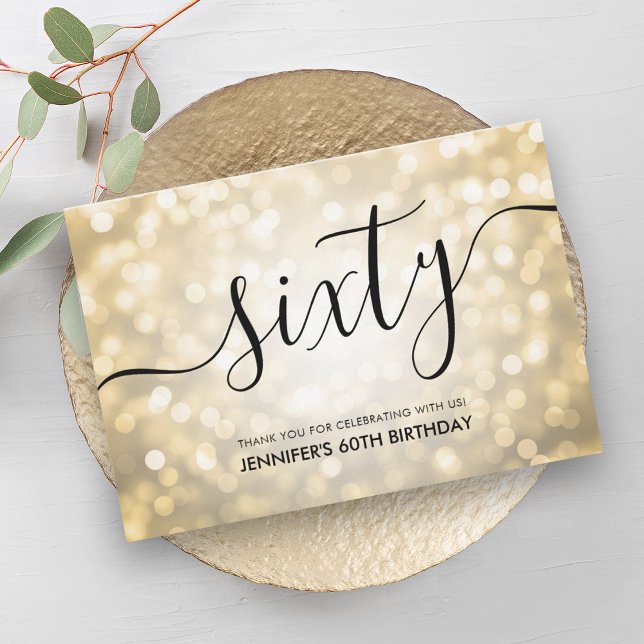 Glam Guld Glitter Ljus 60:e födelsedag Tack Kort (Glam Gold Glitter Lights 60th Birthday Thank You)