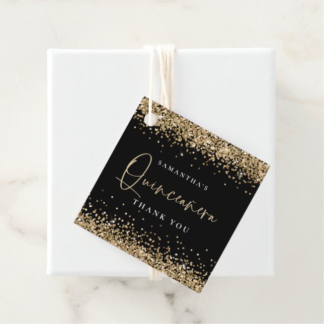 Glam Guld Glitter Namn Quinceañera Tack Black Gåvor Etiketter (På plats)