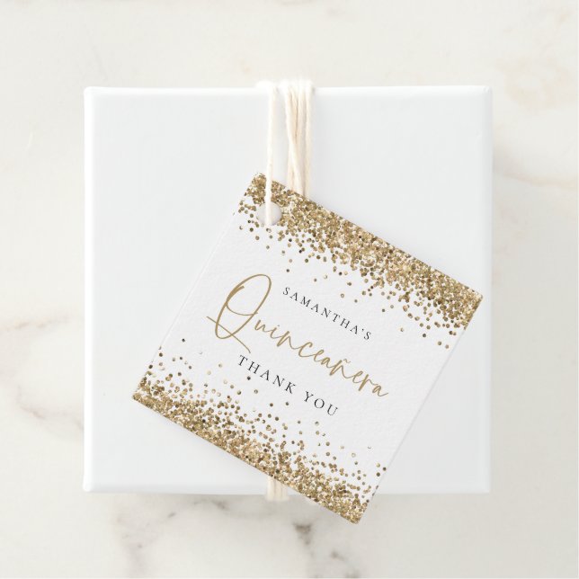 Glam Guld Glitter Namn Quinceañera Tack Gåvor Etiketter (På plats)