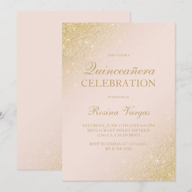 Glam guld glitter,  rosa Quinceanera Inbjudningar (Fram/baksida)