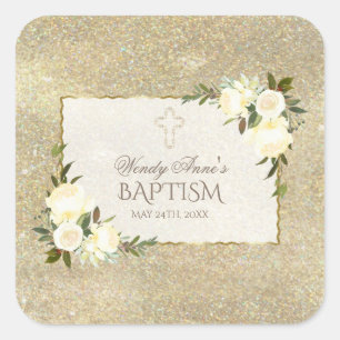 Glam Guld Glitter Vit Blommigt Baptism Inbjudan Fyrkantigt Klistermärke