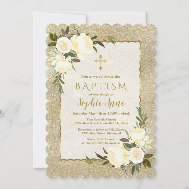 Glam Guld Glitter Vita Blommigten Guld Kor Baptism Inbjudningar (Framsida)