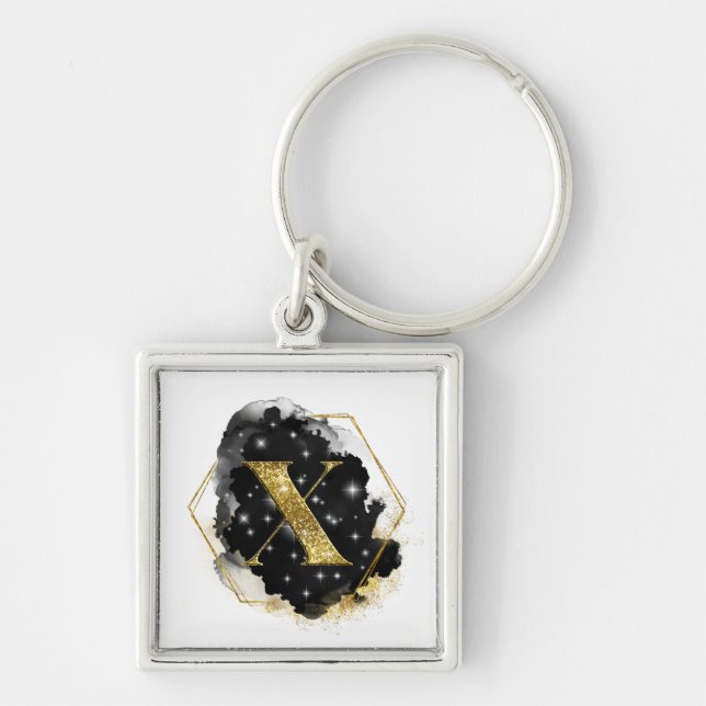 Glam Guld Glitter X Monogram Keychain Fyrkantig Silverfärgad Nyckelring (Framsidan)