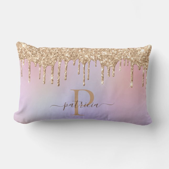 Glam Guld Glitterdroppar Elegant Monogram  Ländkud Lumbarkudde (Framsida)
