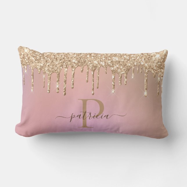 Glam Guld Glitterdroppar Elegant Monogram  Ländryg Lumbarkudde (Framsida)