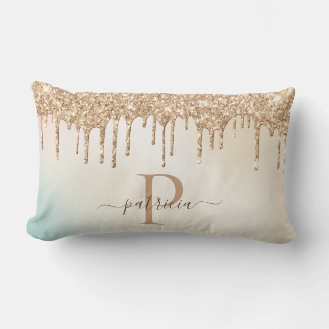 Glam Guld Glitterdroppar Elegant Monogram  Lumbarkudde (Framsida)