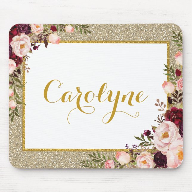 Glam guld- glittervattenfärgBurgundy rosa ros Musmatta (Framsidan)