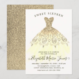 Glam Guld Gult Gnistra Dress Sweet 16:e födelsedag Inbjudningar