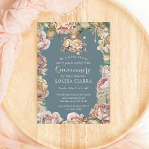 Glam Guld Krona Diamond Flowers Quinceanera Inbjudningar