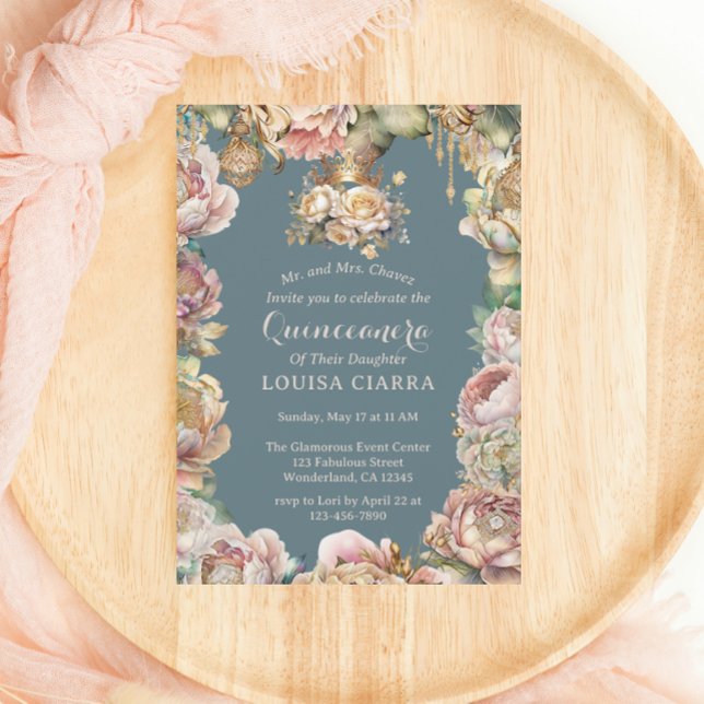 Glam Guld Krona Diamond Flowers Quinceanera Inbjudningar (Skapare uppladdad)