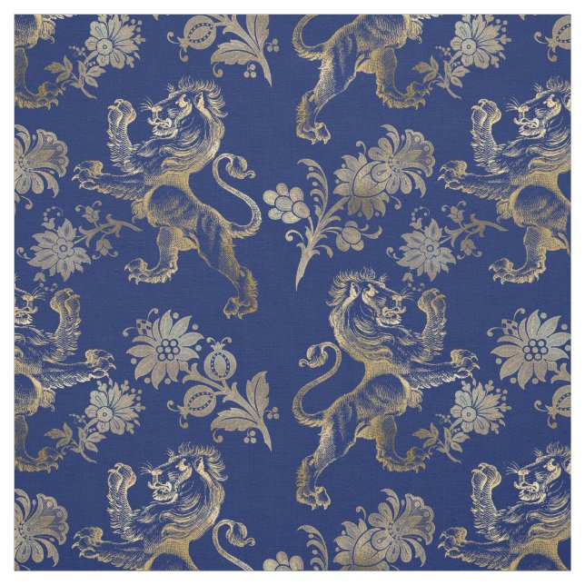 Glam Guld Lejon Flowers Navy Blue Graphic Tyg (Provkarta)