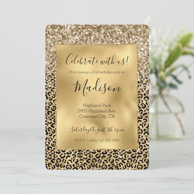 Glam Guld Leopard Print Glitter gnistra Inbjudningar (Stående Fram)