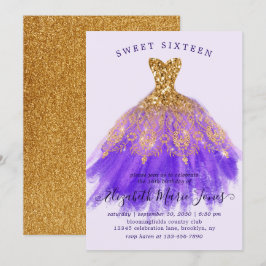 Glam Guld Lila Gnistra Dress Sweet 16:e födelsedag Inbjudningar