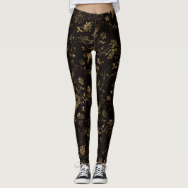 Glam guld löv mönster brun leggings