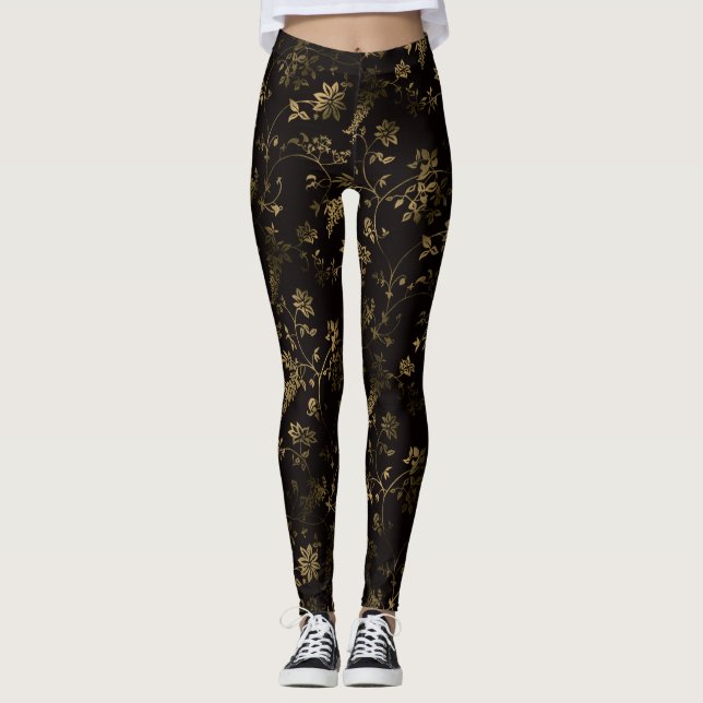 Glam guld löv mönster brun leggings (Framsida)