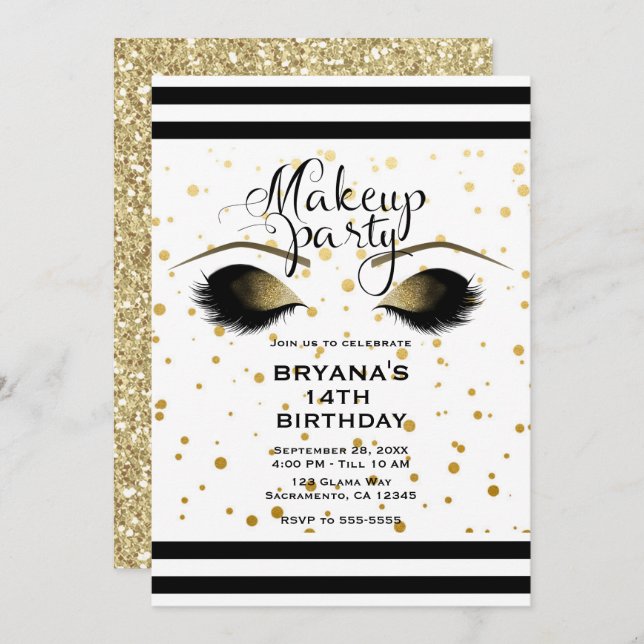 Glam Guld Makeup Eyelash Beauty Dots Party Inbjudningar (Fram/baksida)