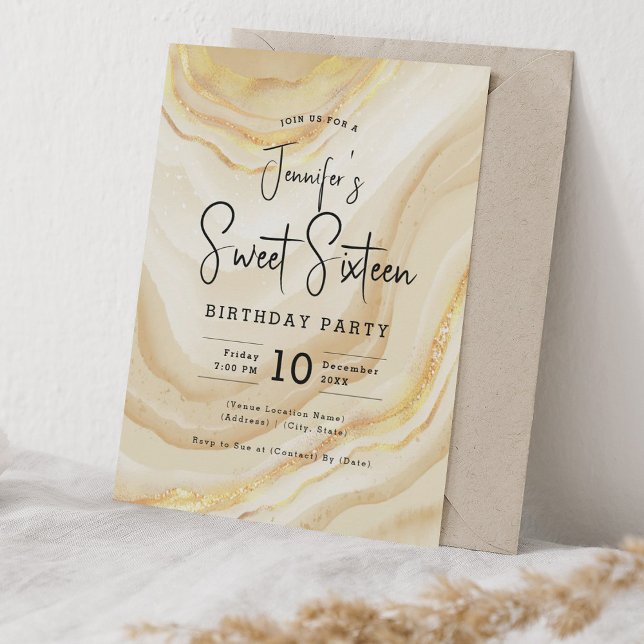Glam Guld Marble Glitter Sweet 16 Party Inbjudningar (Glam Gold Marble Glitter Sweet 16 Party Invitation)