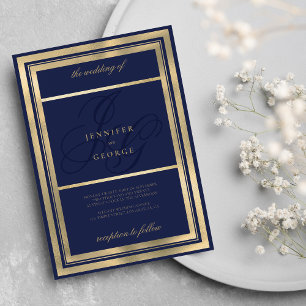 Glam guld marinblått monogram initialer bröllop inbjudningar