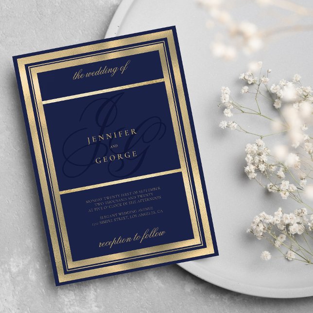 Glam guld marinblått monogram initialer bröllop inbjudningar (Glam gold navy blue monogram initials wedding)