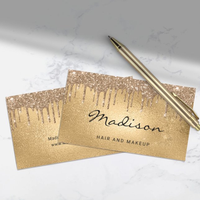 Glam Guld Metallic Glitter Drip Hair & Makeup Visitkort (Glam Gold Metallic Glitter Drip Hair & Makeup Business Card)