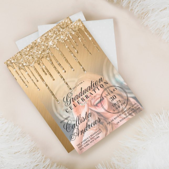 Glam Guld Metallic Glitter Drip Photo Studenten Inbjudningar (Skapare uppladdad)