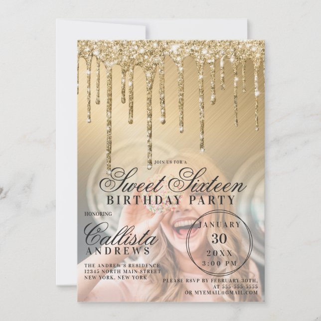 Glam Guld Metallic Glitter Drips Photo Sweet 16 Inbjudningar (Framsida)