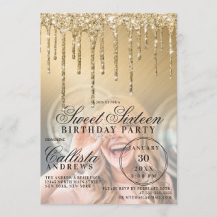 Glam Guld Metallic Glitter Drips Photo Sweet 16 Inbjudningar