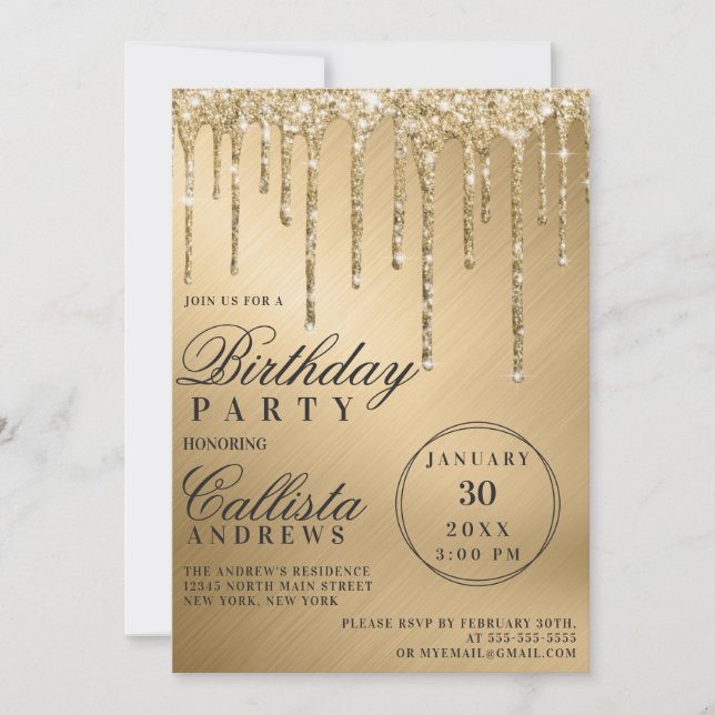 Glam Guld Metallic Glitter Drives Birthday Inbjudningar (Framsida)