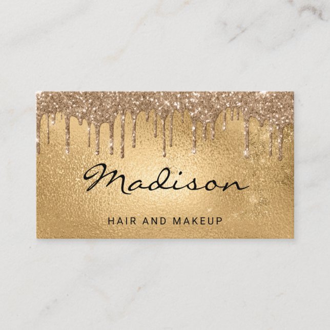 Glam Guld Metallisk Glitter Drip Hår & Makeup Visitkort (Framsida)