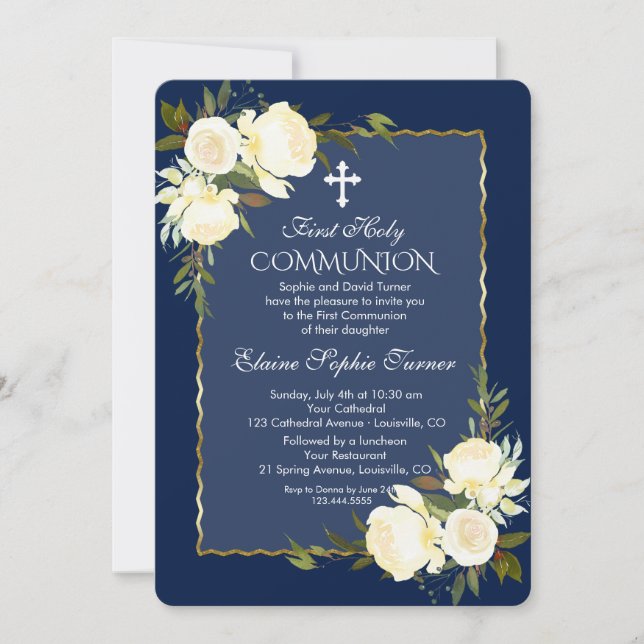 Glam Guld Navy Blue White Blommigt First Communion Inbjudningar (Framsida)
