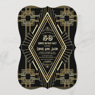 Glam Guld och Black Underbar Gatsby 50 Födelsedags Inbjudningar