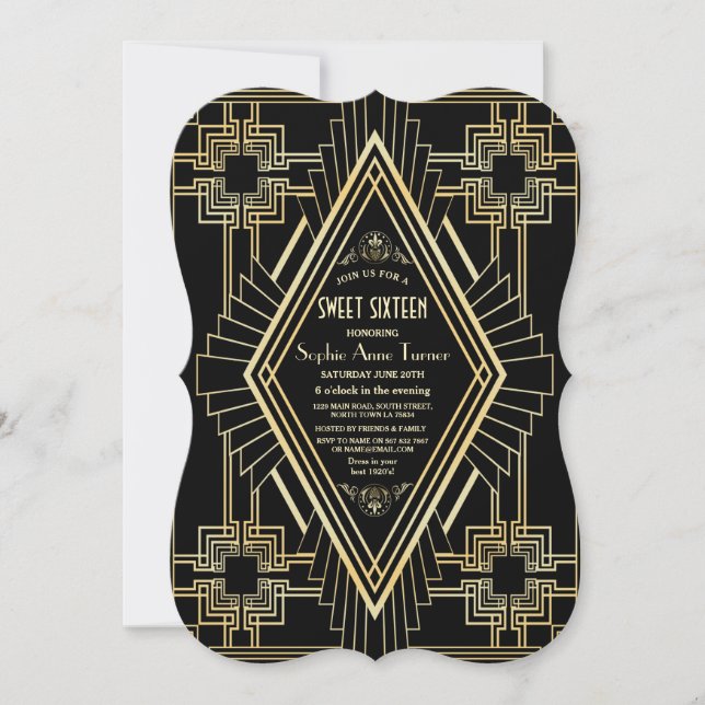 Glam Guld och Black Underbar Gatsby Sweet 16 Inbjudningar (Framsida)